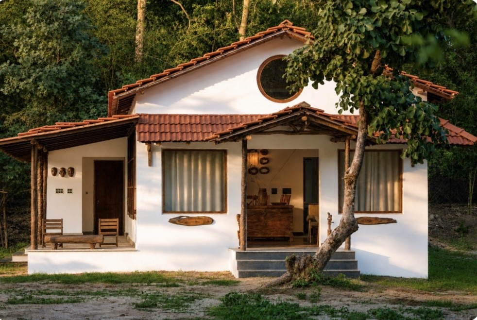 A white forest cottage beneath a tiled roof