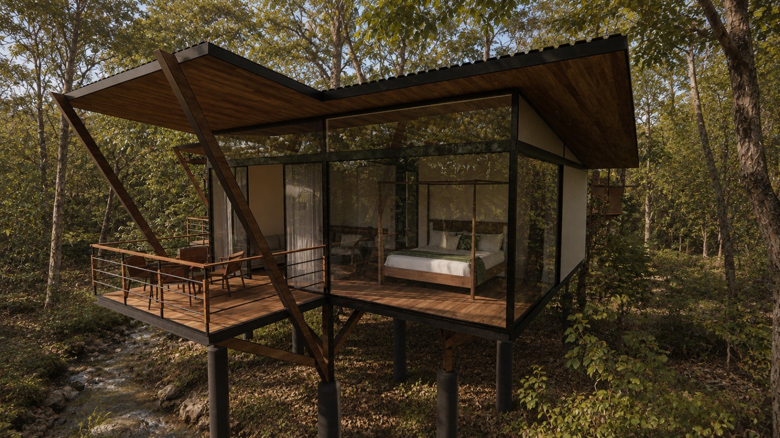 Concept rendering of an elevated glass-fronted forest cabin with a private deck