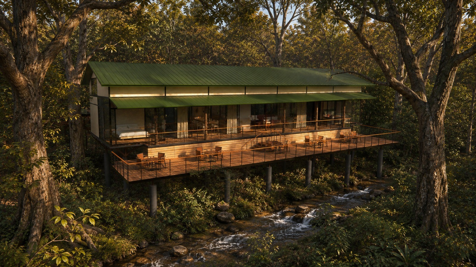 Concept rendering of a larger lodge with a terrace overlooking a forest stream