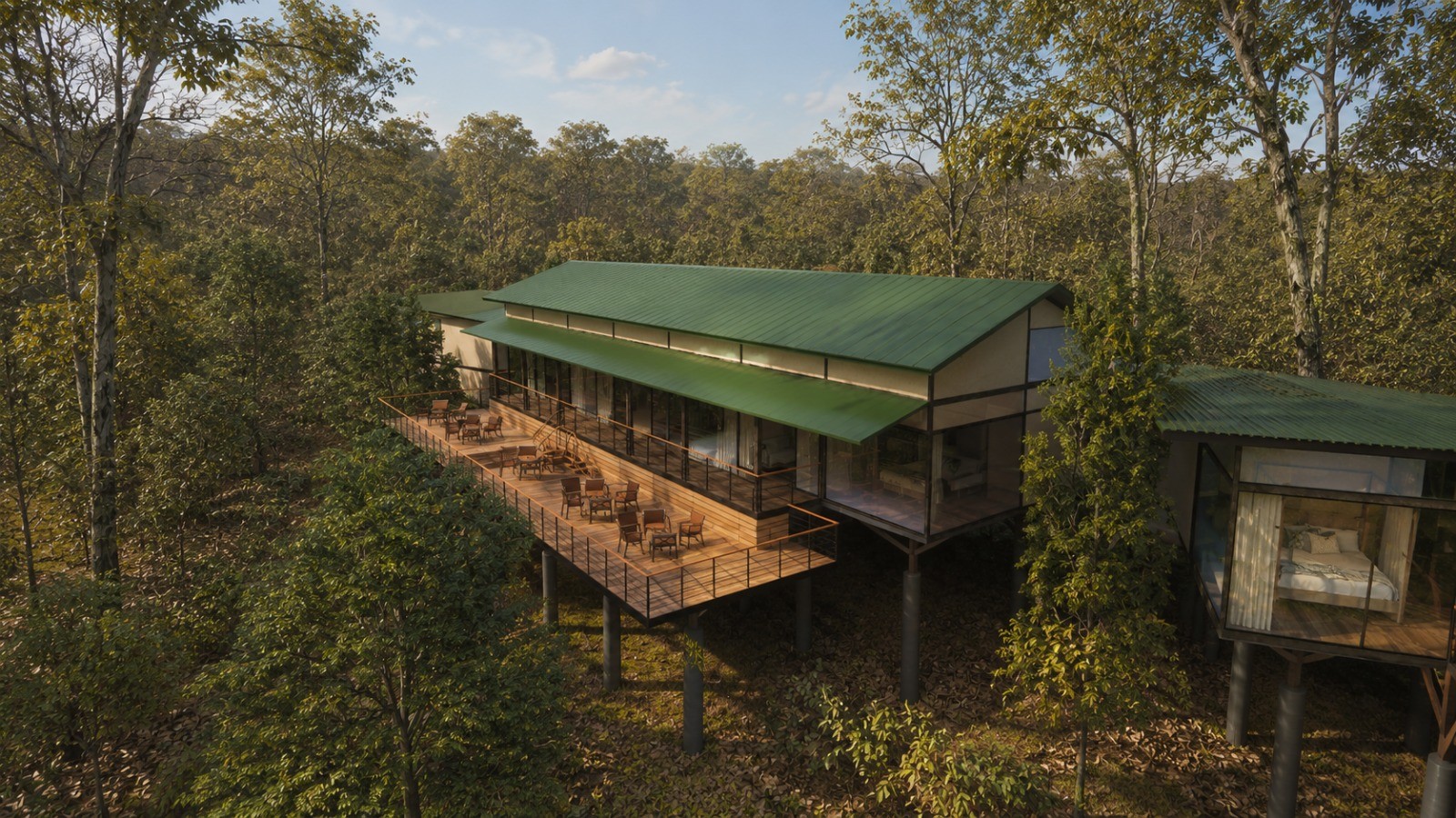 Concept rendering of the lodge and cabins within the forest